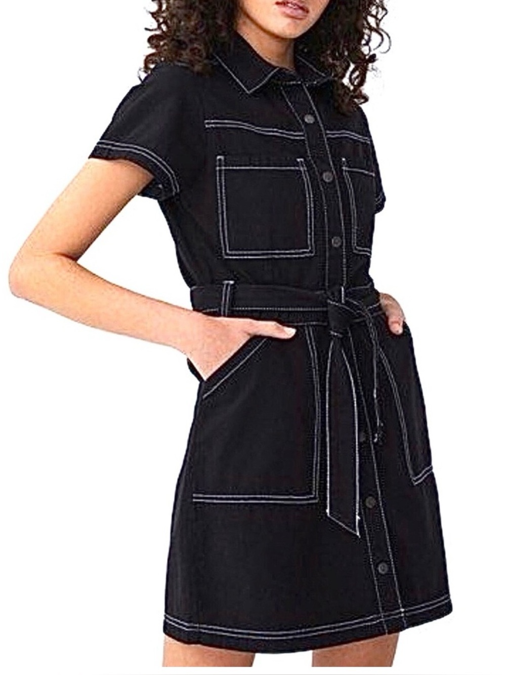 NET Black Short-Sleeve Button-Front Shirt Dress with Contrast Stitching